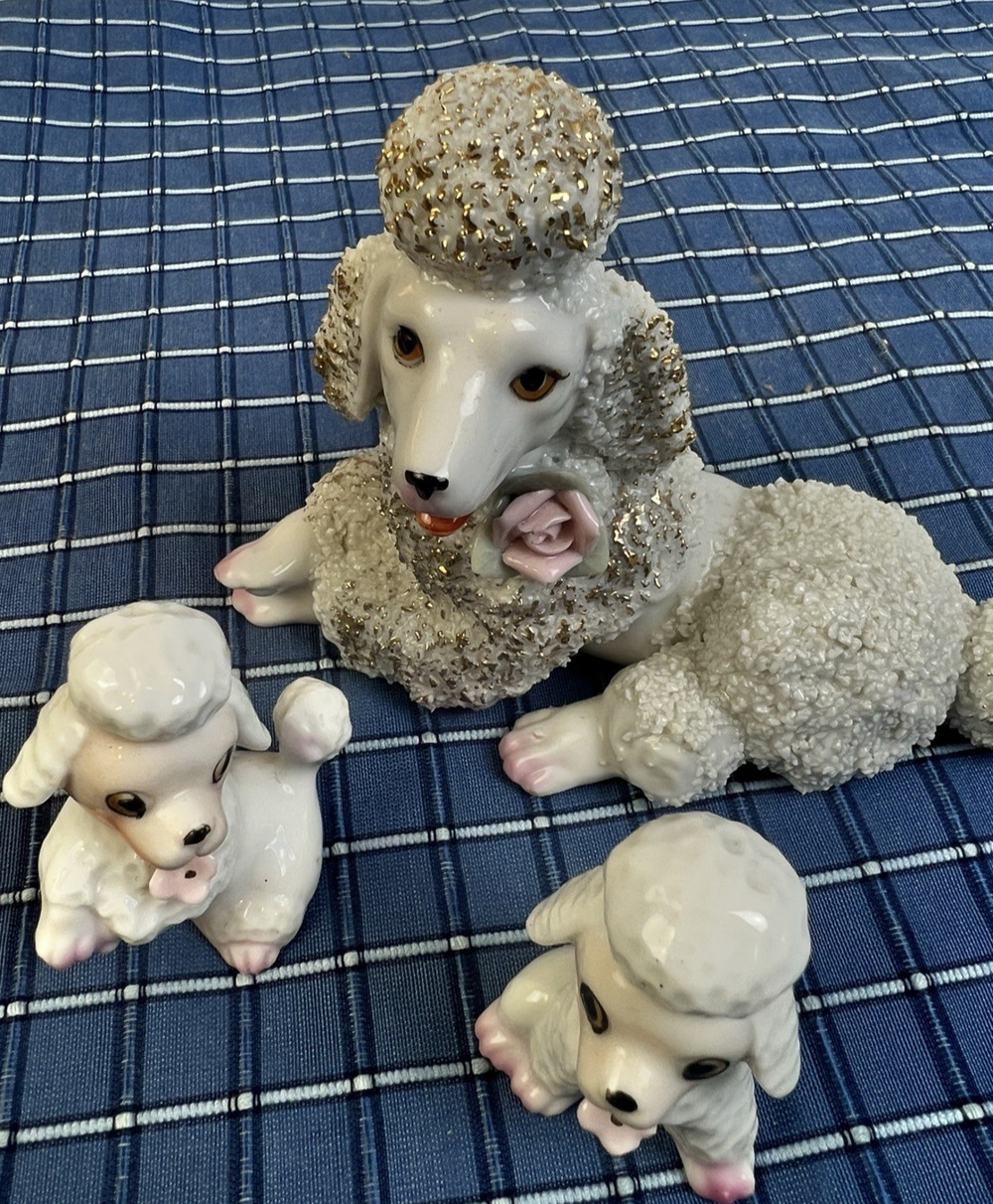 Vintage Poodle and Puppies Ceramic Dogs MCM Figurines White Japan Family